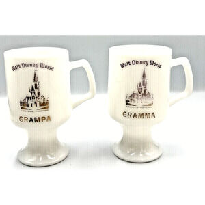 2 Walt Disney World Pedestal Milk Glass Cups Gramma Grampa Castle WD Prod READ